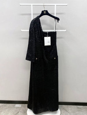 Chanel 22P Black Sequined Off-the-Shoulder Evening Dress