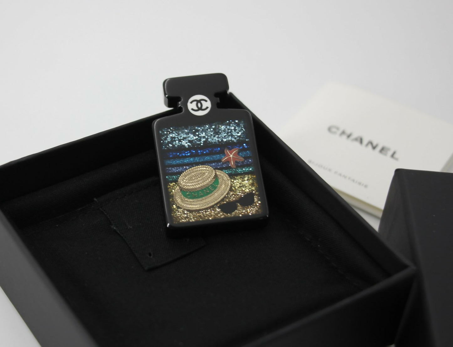 Chanel 18S Resin Beach Black Perfume Bottle Brooch