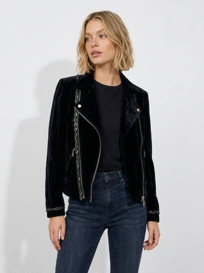 Rare Chanel 06A Runway Black Washed Velvet Bomber Biker Jacket FR 48