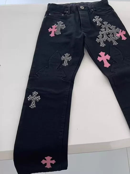 Chrome Hearts black pink leather cross pants