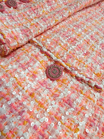 Chanel 19C pink and white sequined dress with orange plaid woven pattern