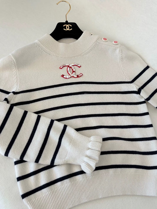 Chanel 23C Black and White Striped Double C Sequin Logo Sweater