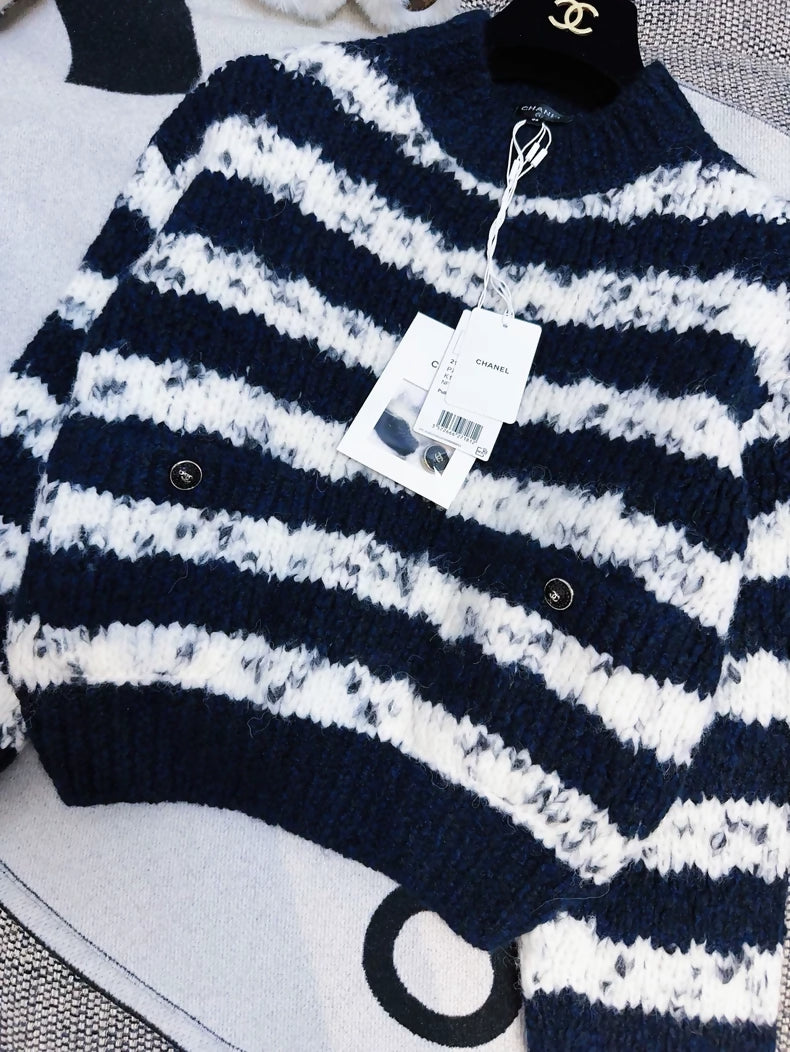 Chanel 21B blue and white knit striped sweater