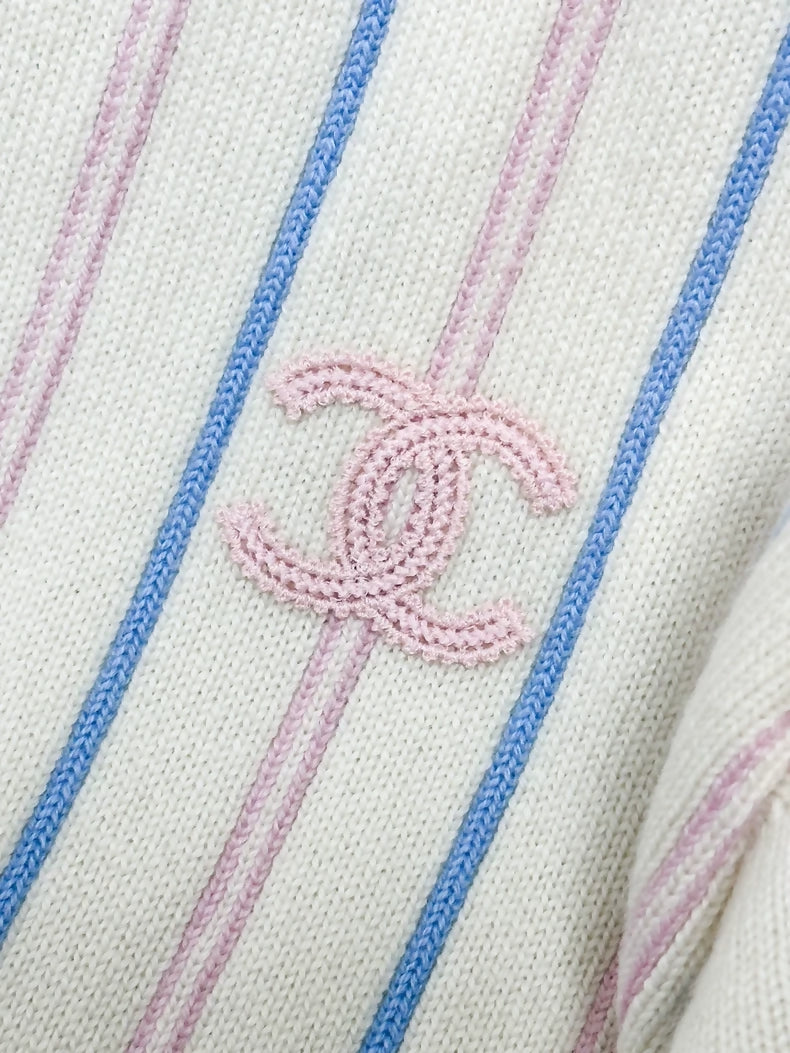 Chanel 23P white, light blue and pink striped knit top