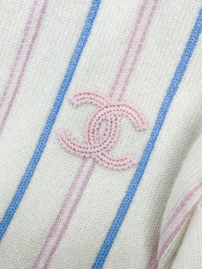 Chanel 23P white, light blue and pink striped knit top