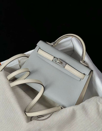 Hermès Mini Kelly 20 Bleu Glacier / Nata (Craie) Epsom Leather with Palladium Hardware