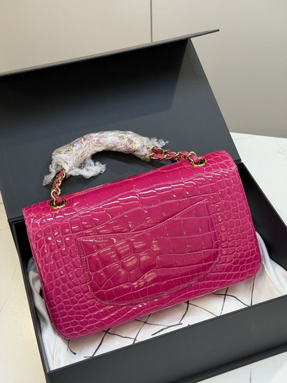 CHANEL Classic Flap Medium Rose Scheherazade Shiny Crocodile Gold Hardware