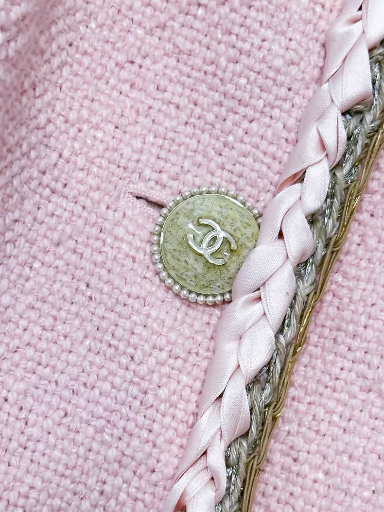 Chanel 16c pink satin lace-trimmed tweed jacket