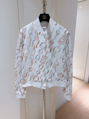 Hermes Swirling Rhythm White Print Baseball Jacket