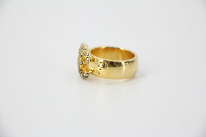 Chanel Vintage Rhinestone Gold-Tone Black CC Logo Ring