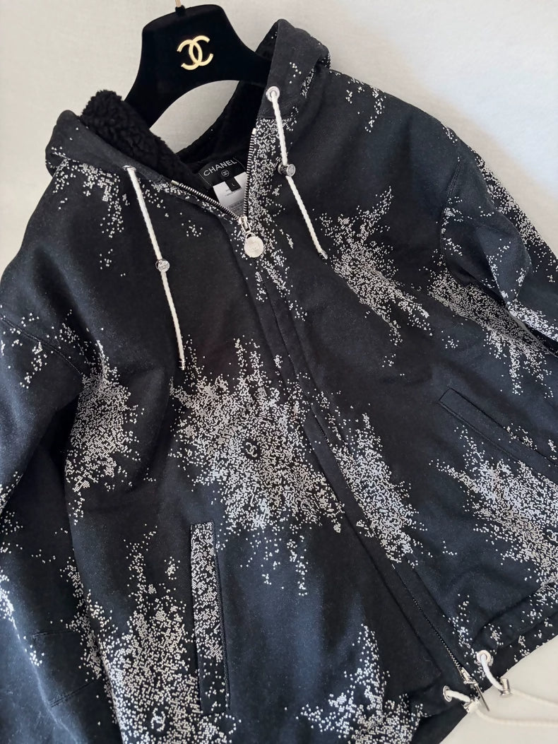 Chanel 25B black Fleece Lined Hooded Jacket