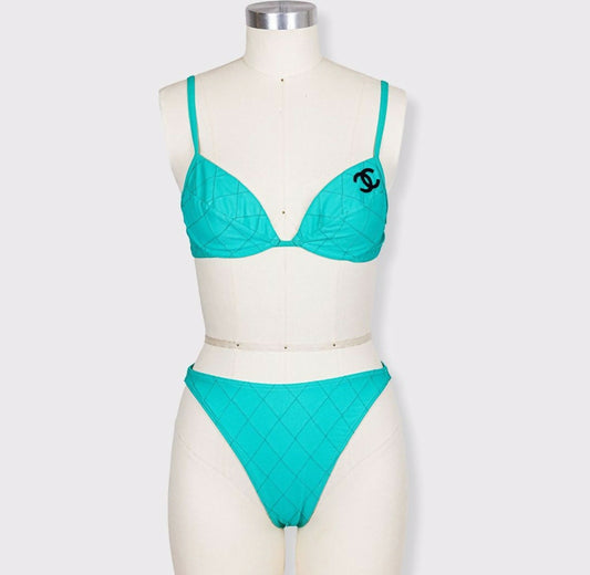 Chanel 1994 Cruise Vintage Teal Logo Quilted Bikini