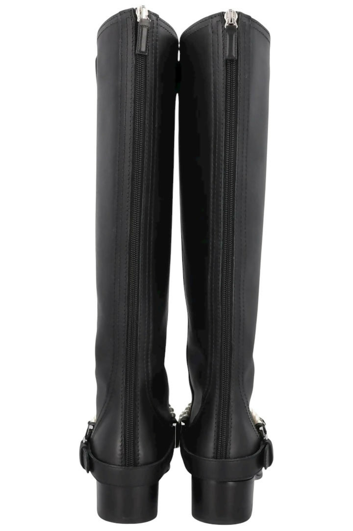 CHANEL 18A HAMBURG BLACK LEATHER PEARL CHAIN RIDING KNEE HIGH BOOTS EU 41