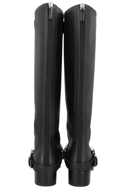 CHANEL 18A HAMBURG BLACK LEATHER PEARL CHAIN RIDING KNEE HIGH BOOTS EU 41