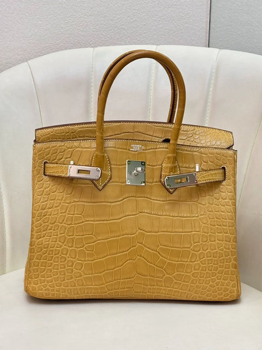 Hermès Birkin 30 Jaune Ambre matte alligator leather palladium hardware