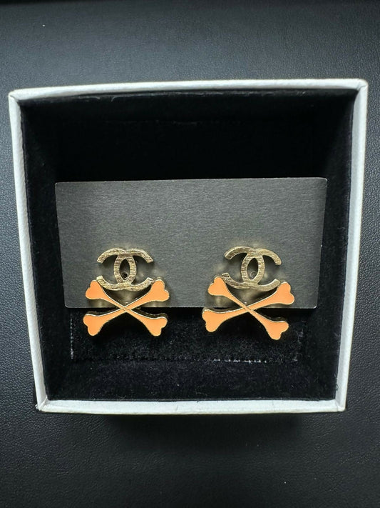 Chanel Vintage 2003 Enamel Skull Orange Earrings