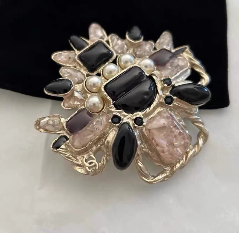 Chanel Purple Glass Cross Pearl Brooch