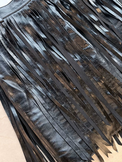 Chanel 22C Black Fringe Lambskin Skirt