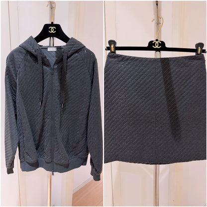 Brunello Cucinelli BC Dark Grey Twill Sequined Hooded Jacket