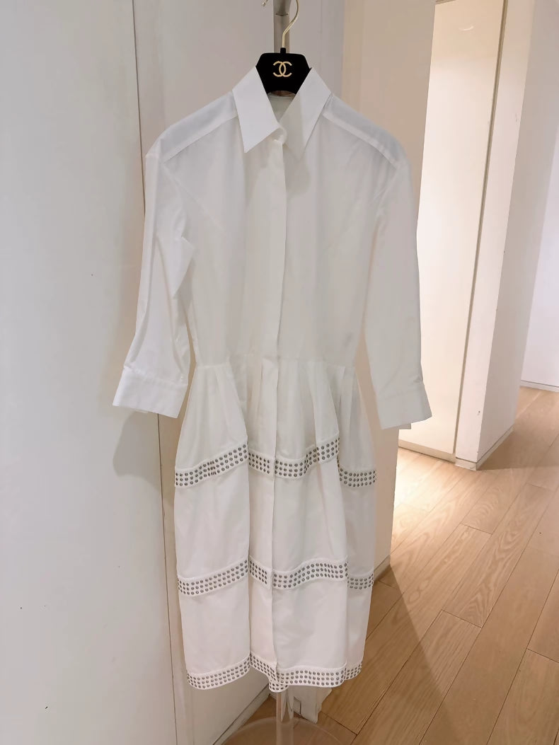 Alaia White Metallic Hollow-Out Shirt Dress