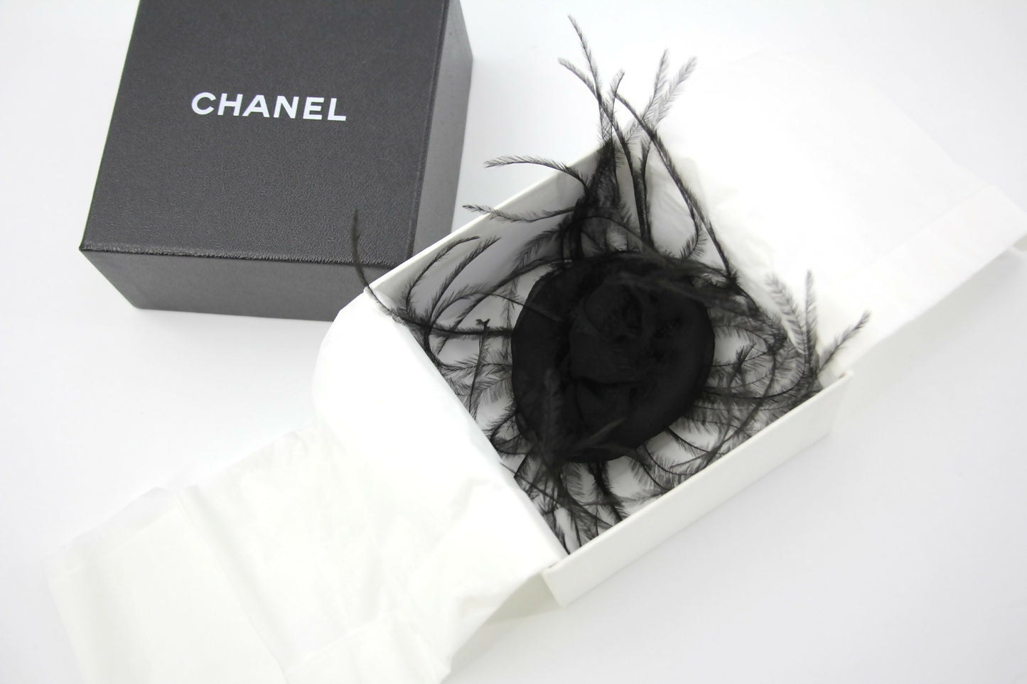 Chanel Vintage 81-85 Tulle Feather Black Camellia Silk Brooch
