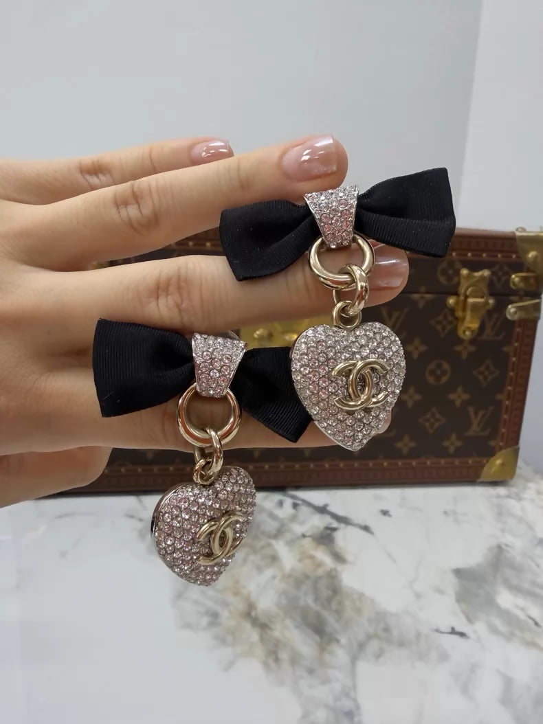 Chanel mini rhinestone heart bow earrings