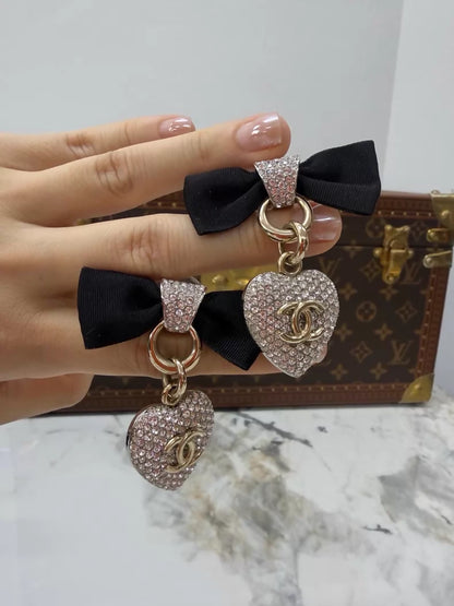 Chanel mini rhinestone heart bow earrings
