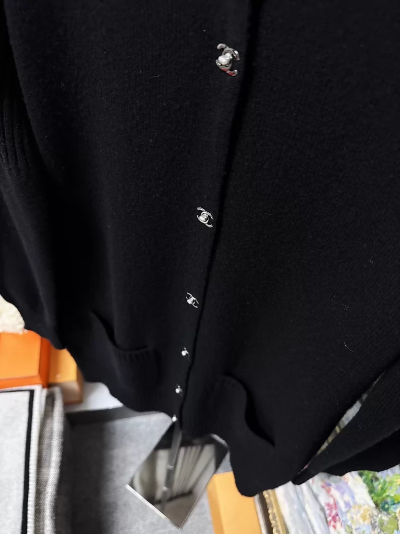 Chanel 13b black cashmere knit cardigan, with silver CC buttons