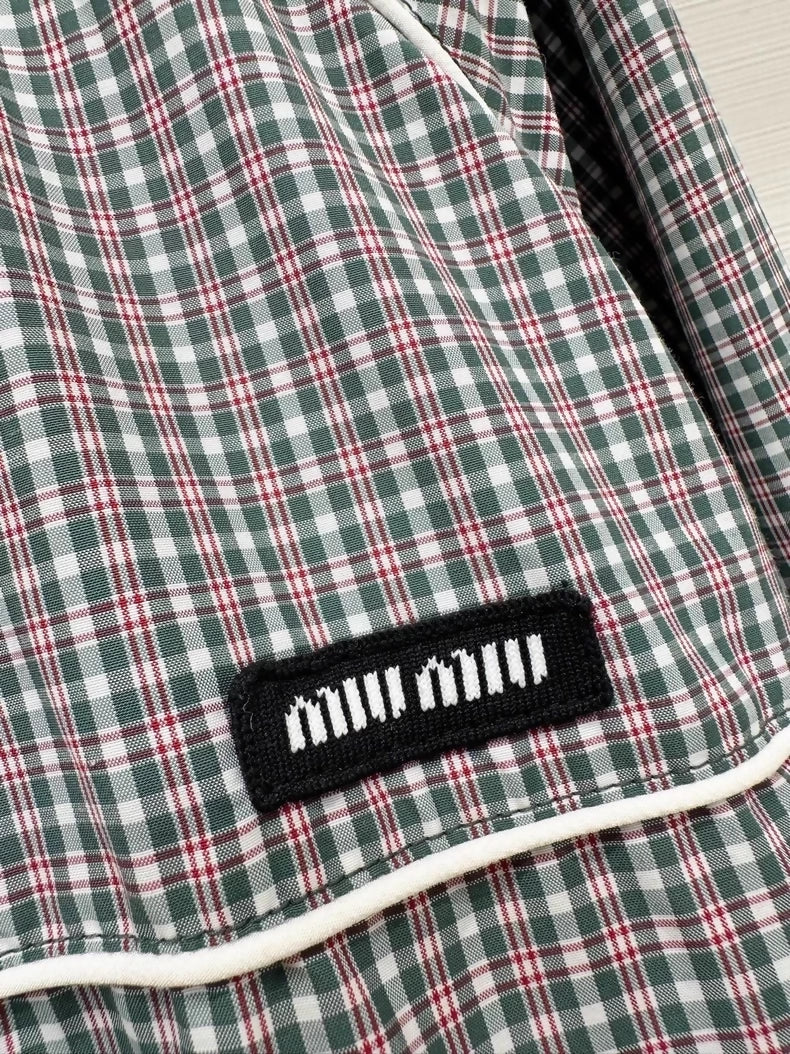 Miu Miu red and green plaid woven zip-up hooded jacket