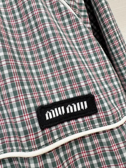 Miu Miu red and green plaid woven zip-up hooded jacket