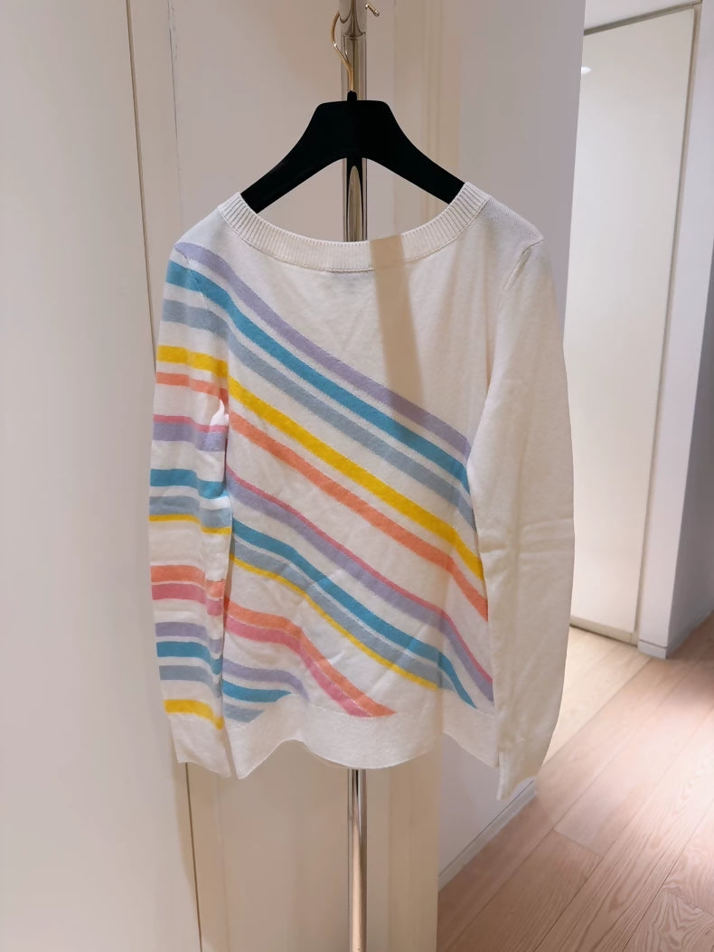 Chanel 19C Rainbow Striped Double C Logo Off-the-Shoulder Cashmere Sweater