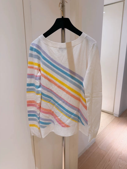 Chanel 19C Rainbow Striped Double C Logo Off-the-Shoulder Cashmere Sweater