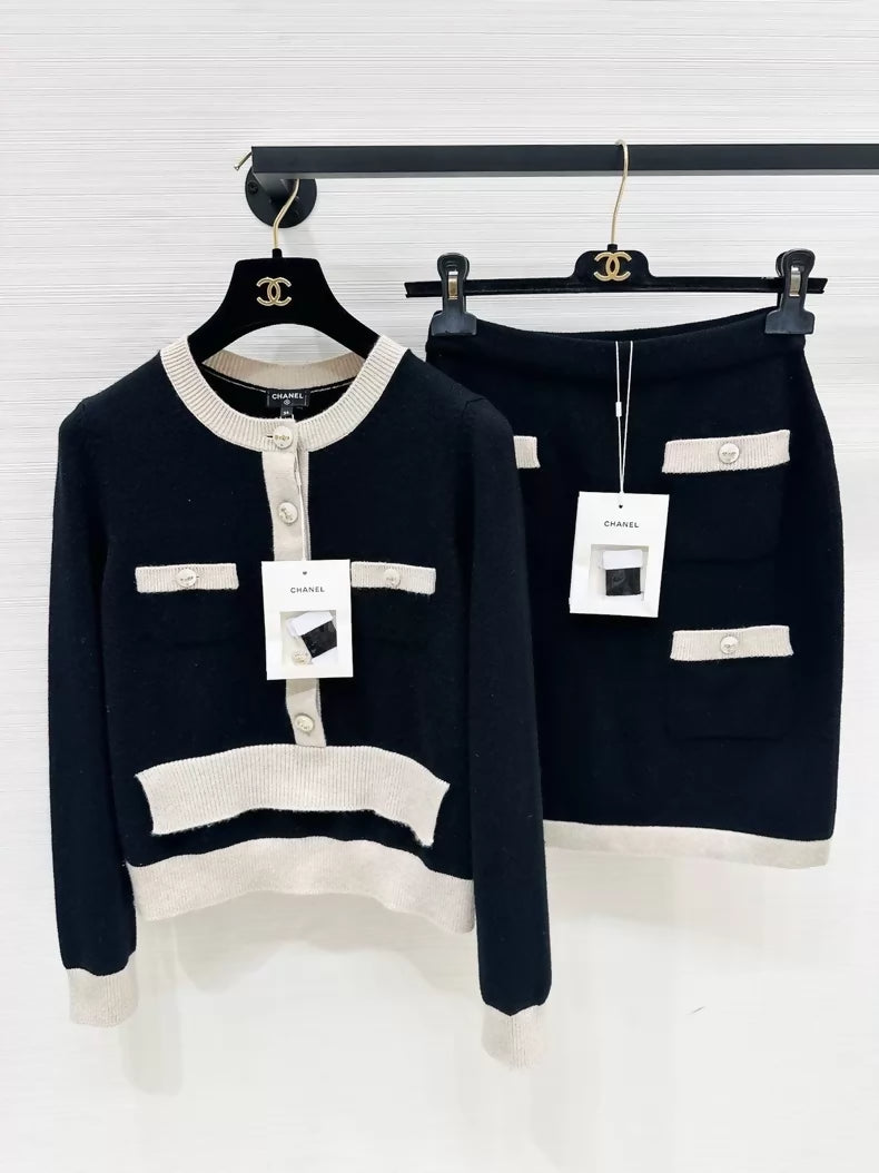 Chanel black and beige knit top and skirt set