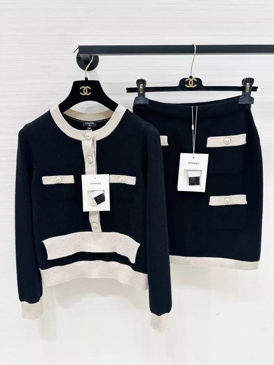 Chanel black and beige knit top and skirt set