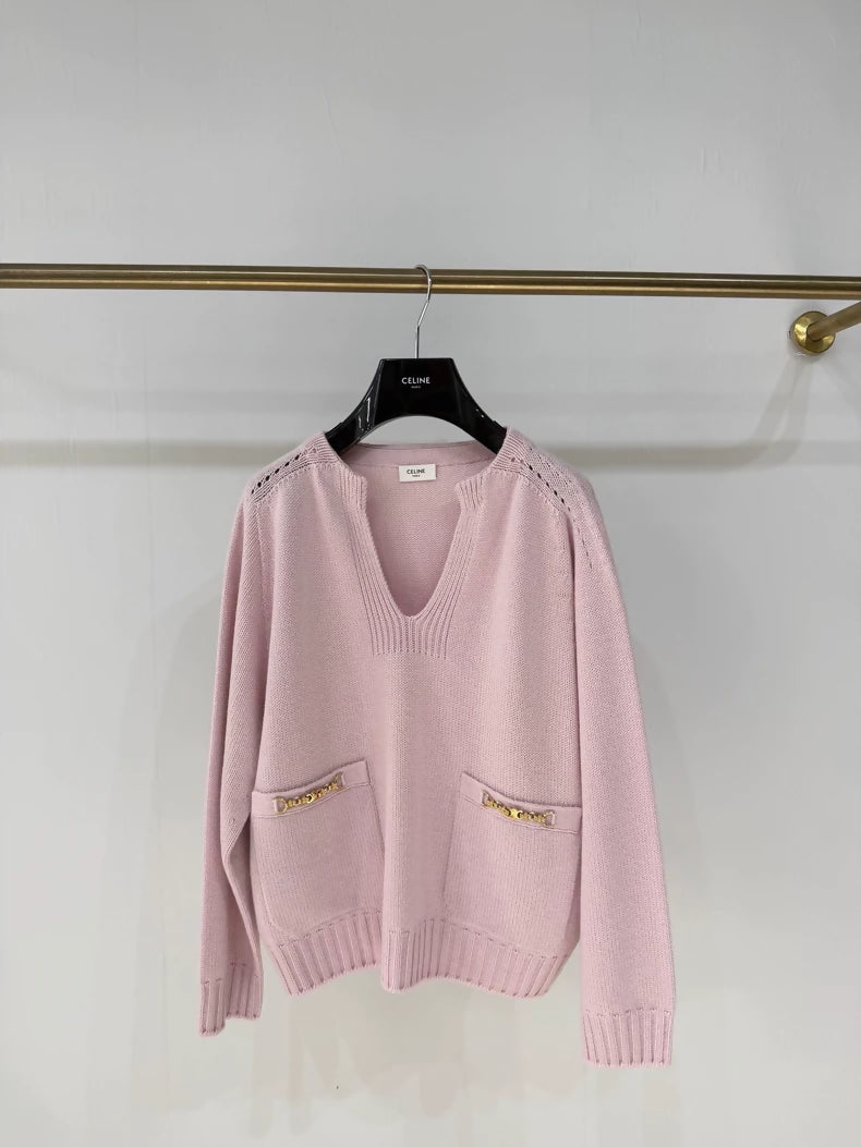 Celine pink cashmere chain Arc de Triomphe knit sweater