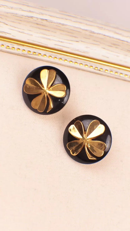 Chanel 1993 Black and Gold Clover Earrings