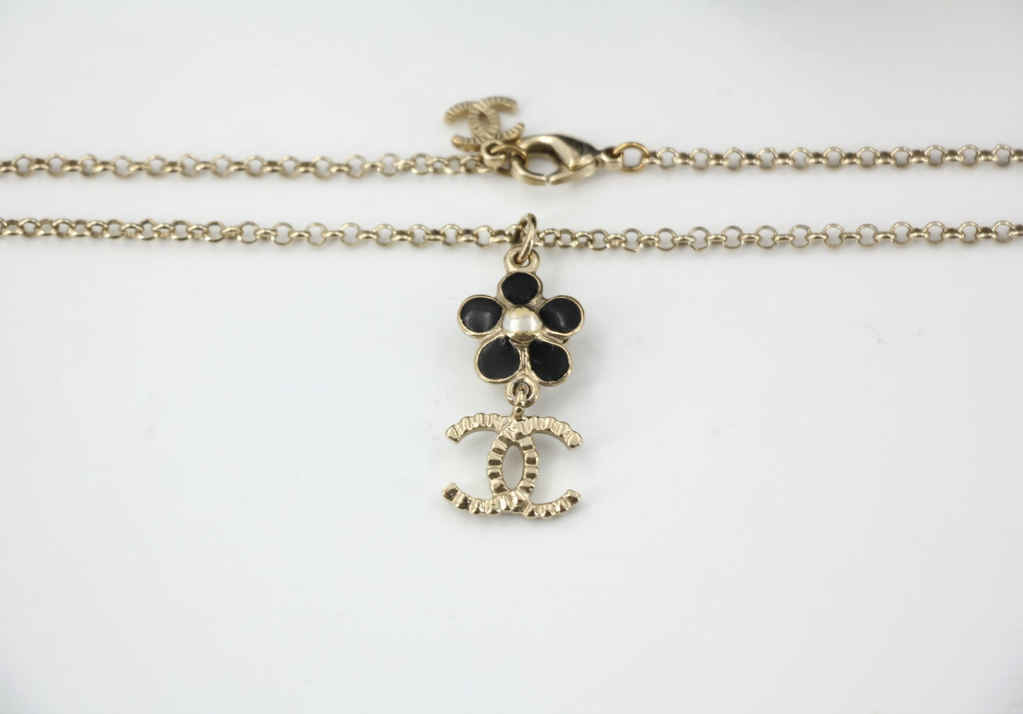 Chanel A21C Rhinestone Black Pendant Camellia Light Gold Necklace