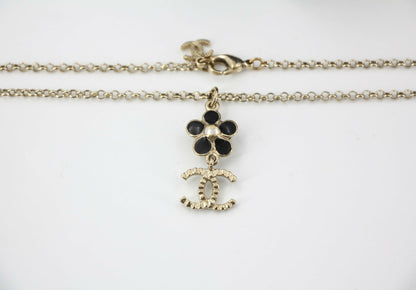 Chanel A21C Rhinestone Black Pendant Camellia Light Gold Necklace