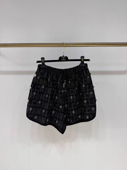 Chanel 23c black rhinestone logo shorts