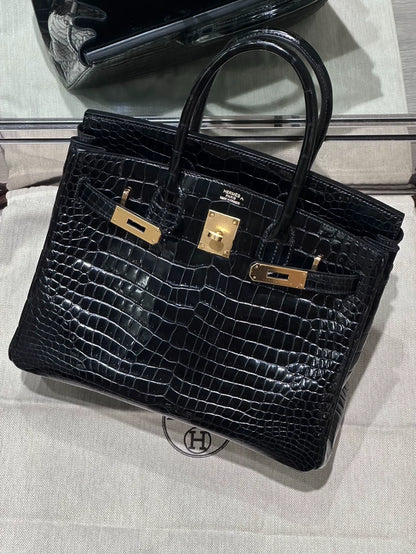 Hermes Birkin 30 black shiny crocodile leather gold hardware