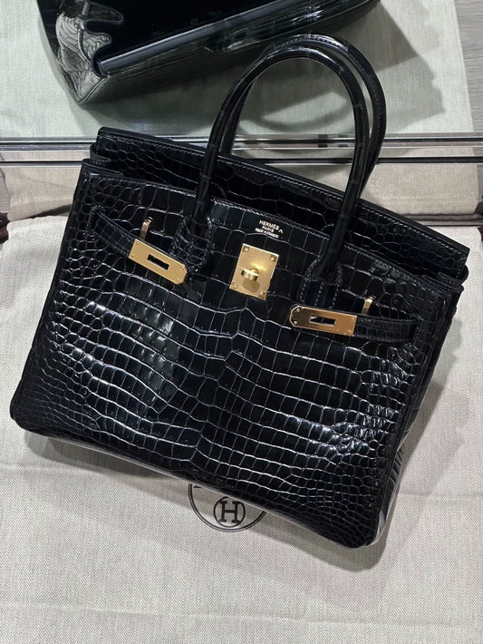 Hermes Birkin 30 black shiny crocodile leather gold hardware