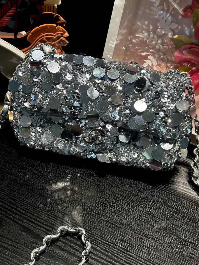 Chanel 22B Large MiniCF Silver Sequined Crossbody Bag