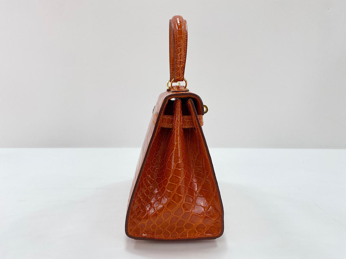 Hermès Mini Kelly I Orange Porosus Crocodile Lisse with Gold Hardware