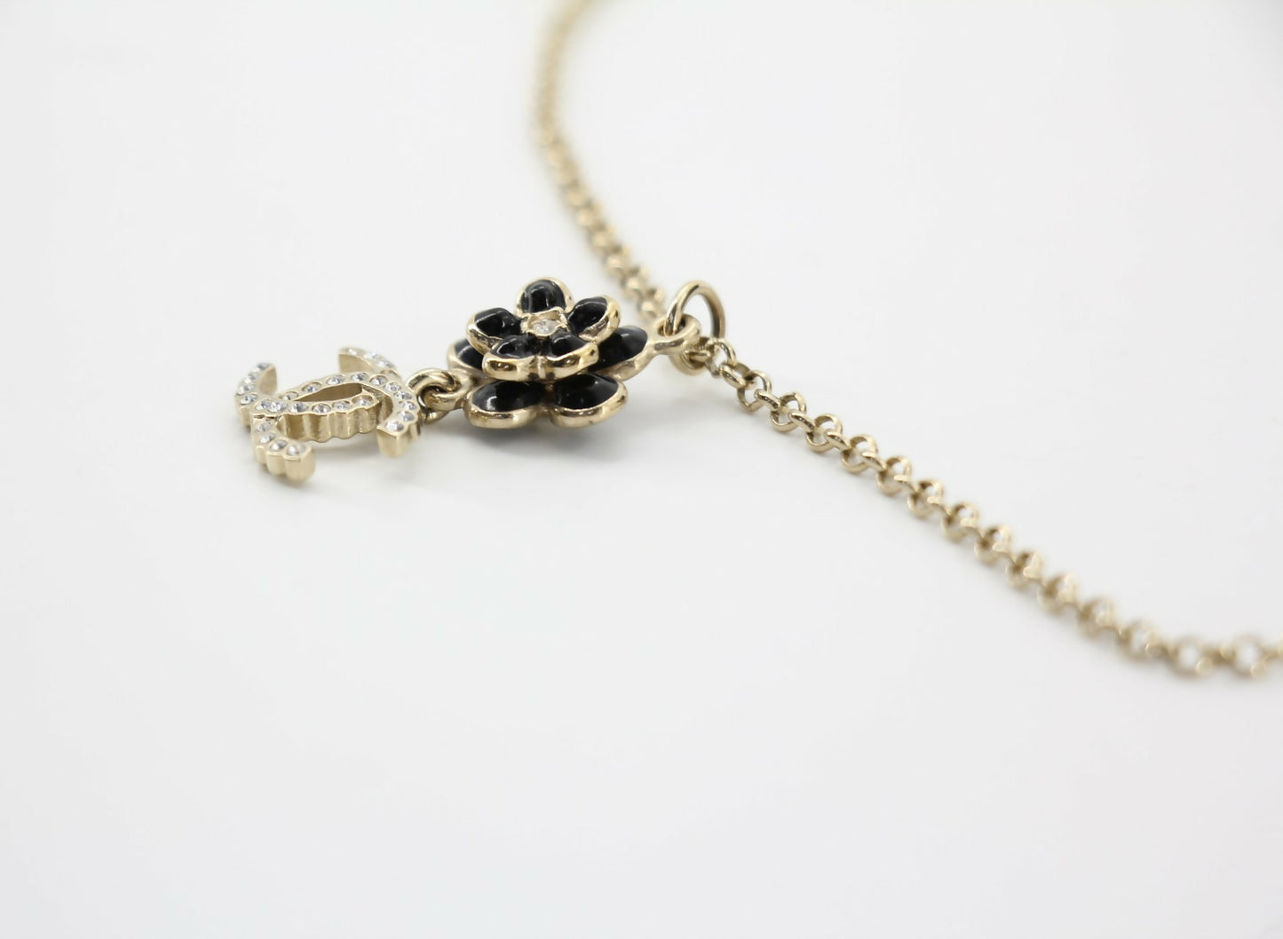 Chanel A21C Rhinestone Black Pendant Camellia Light Gold Necklace