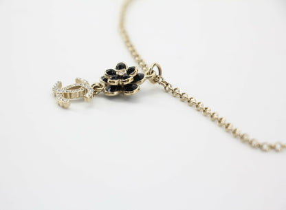 Chanel A21C Rhinestone Black Pendant Camellia Light Gold Necklace