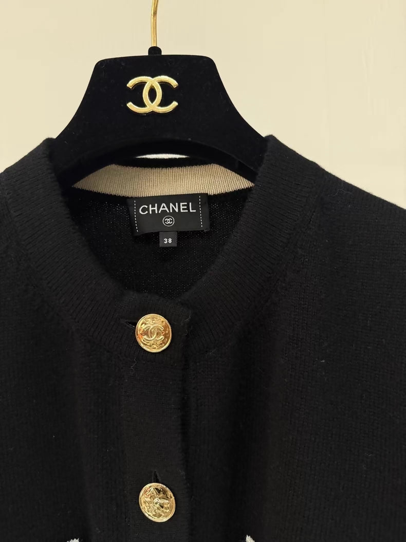Chanel 25B Black Cashmere Knit Cardigan with Gold Buttons and Multi-Element Design