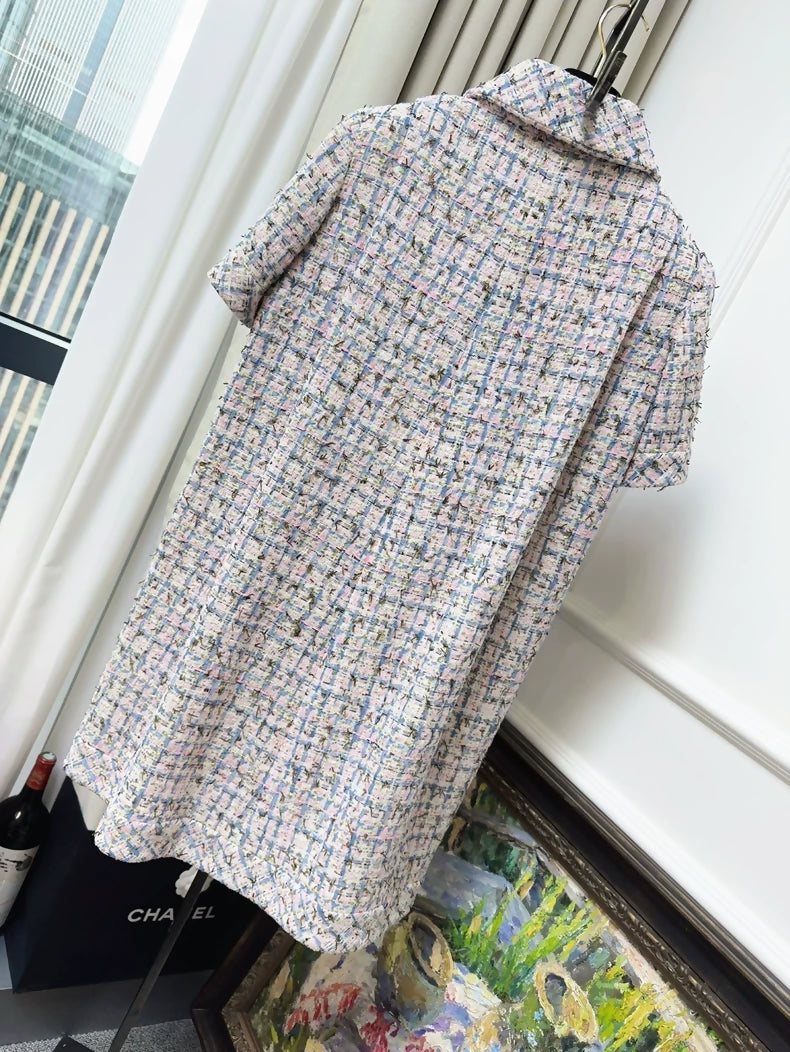 Chanel 19C dress in pink and blue tweed with gold thread