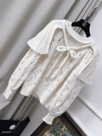 Chanel 21B White Bow Tie Cape Sweater with Heart-Button