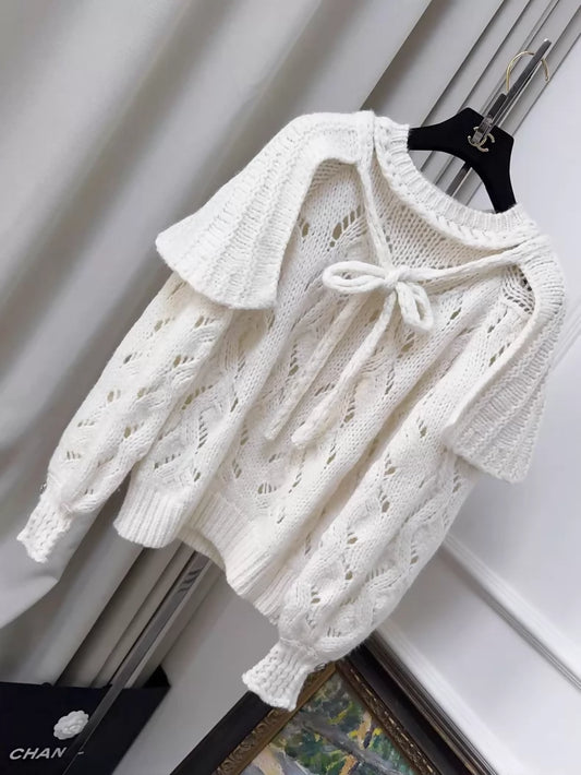 Chanel 21B White Bow Tie Cape Sweater with Heart-Button