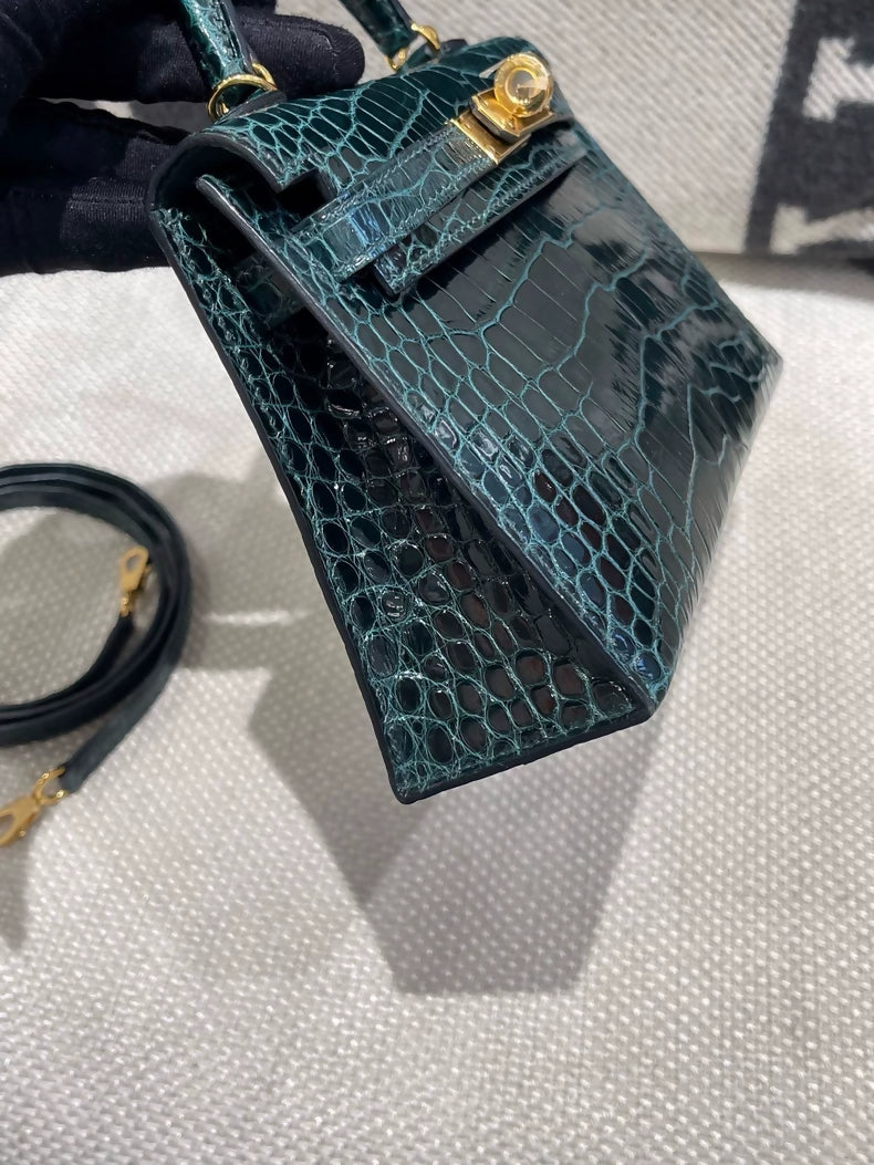 Hermes Mini kelly 20 V0 Vert Rousseau shiny crocodile leather gold hardware